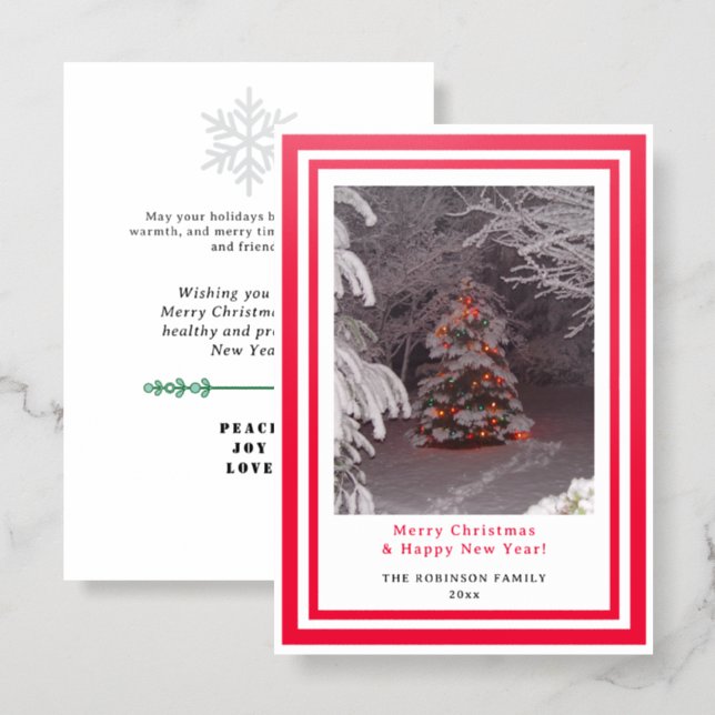 Red Geometric Christmas Tree Lights  Letterpress Photo Cards (Front/Back)