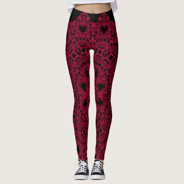Red Geometric Design on Black Women's Athletic Leggings (Front)