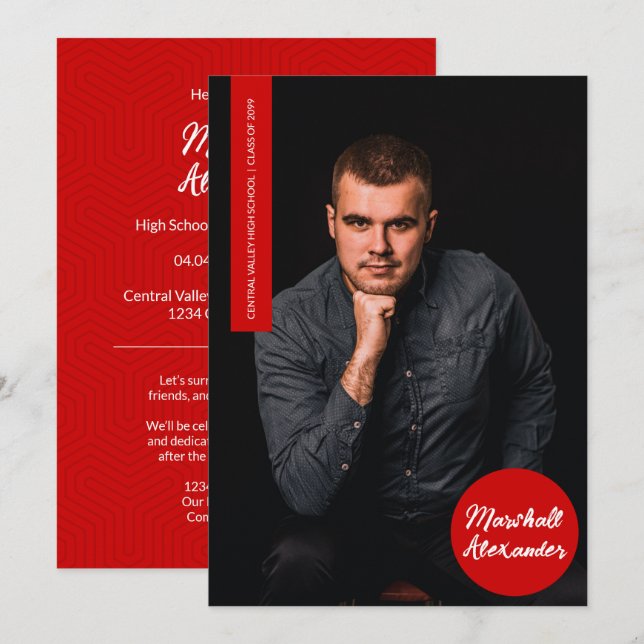 Red Geometric Graduation Photo Invitation (Front/Back)