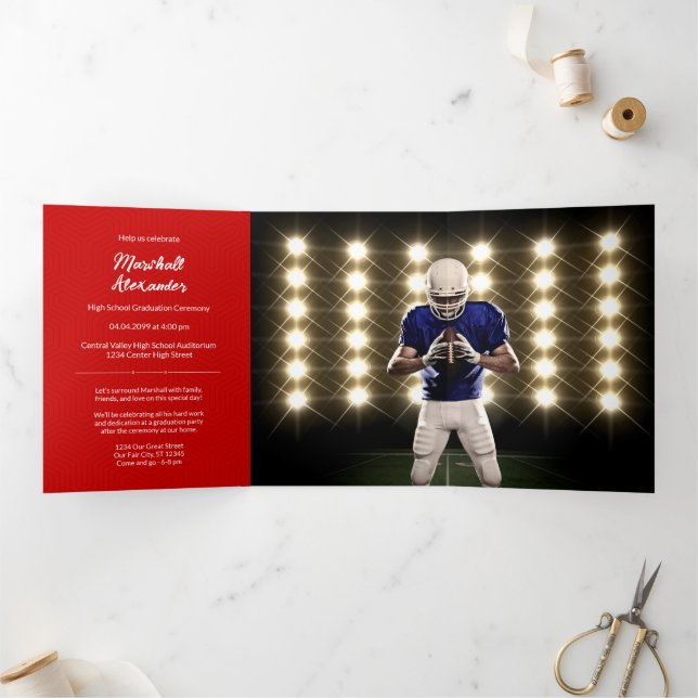 Red Geometric Graduation Photo Tri-Fold Invitation (Inside)