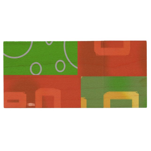 Red Geometric Green Circles USB Wooden Flash Drive (Front)