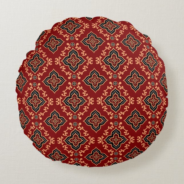 Red Geometric Indian Pattern Round Pillow (Front)