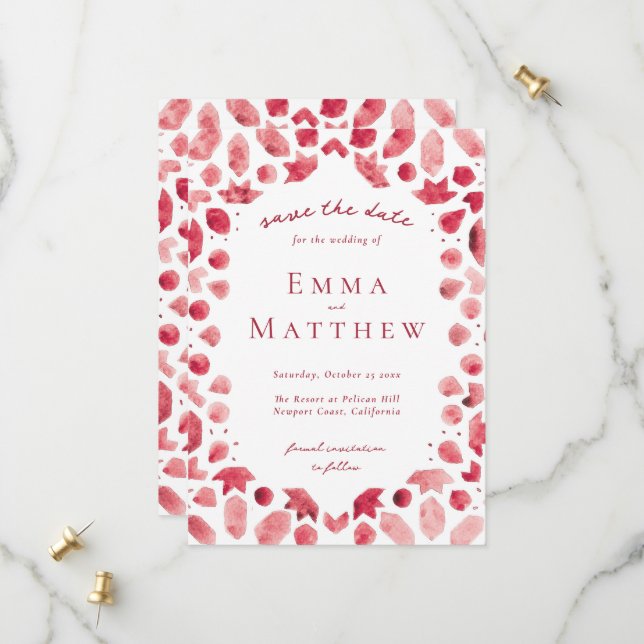 Red Geometric Intricate Pattern with QR Save The Date (Front/Back In Situ)