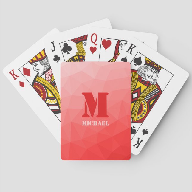 Red geometric mesh pattern Monogram Poker Cards (Back)