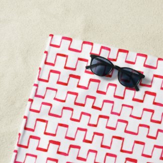 Red Geometric Painted Pattern on White Beach Towel