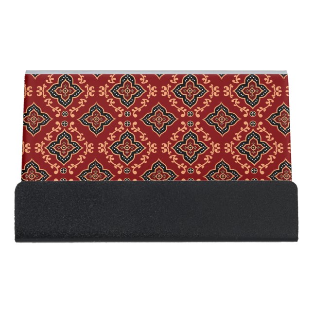 Red Geometric Pattern / Indian Print  Desk Business Card Holder (Front)
