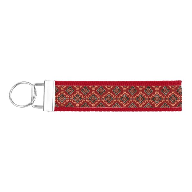 Red Geometric Pattern / Indian Print  Wrist Keychain (Keys on Left)