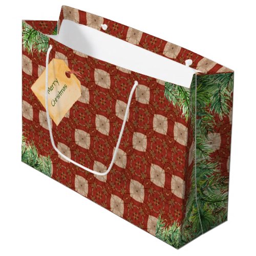 Red Geometric Pattern With Evergreen Trim Large Gift Bag