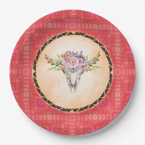 Red Geometric Pattern With Floral Cow Skull Paper Plates
