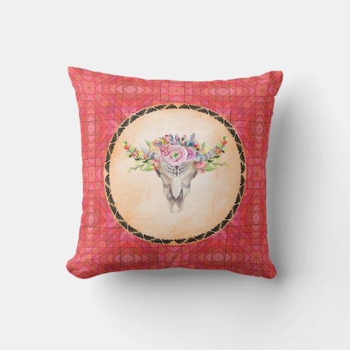 Red Geometric Pattern With Floral Cow Skull Throw Pillow