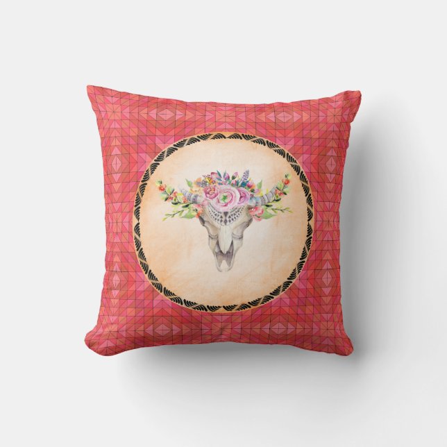 Red Geometric Pattern With Floral Cow Skull Throw Pillow (Front)