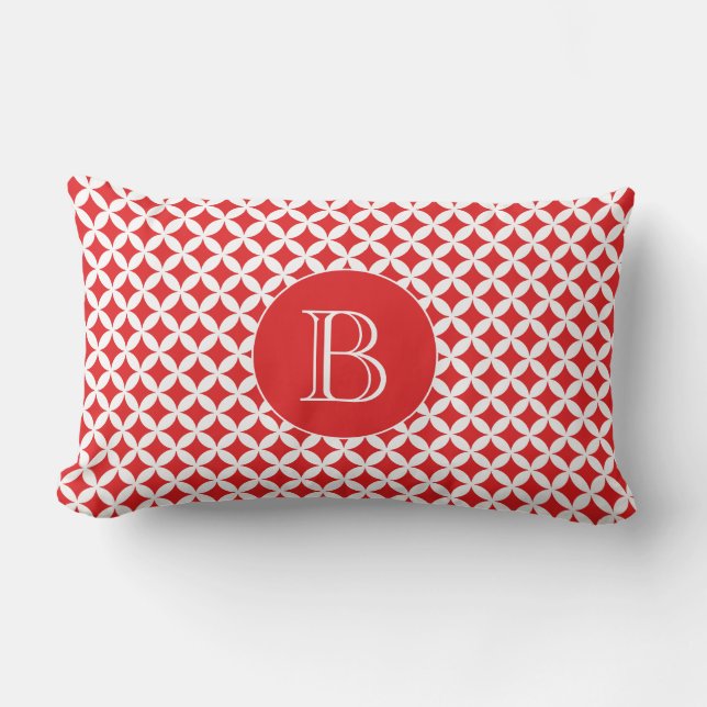 Red Geometric Shippo Pattern Custom Monogram Lumbar Pillow (Front)