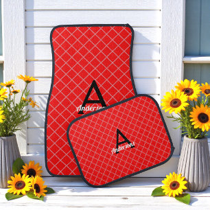 Red Geometric Square Checkers Pattern Monogram Car Floor Mat