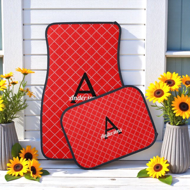 Red Geometric Square Checkers Pattern Monogram Car Floor Mat (Creator Uploaded)