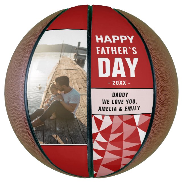 Red Geometrical Daddy Happy Father`s Day Photo Bas Basketball (Vertical)
