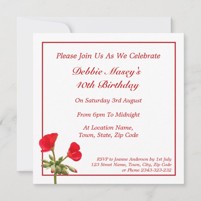 Red Geranium Birthday Invitation (Front)