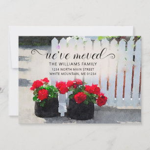 Red Geranium Flower Pots Picket Fence Moving Announcement