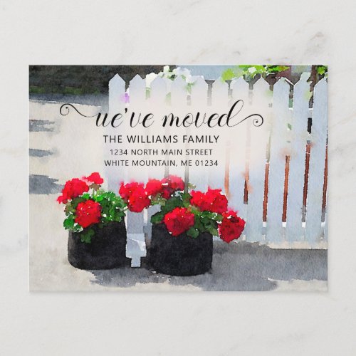 Red Geranium Flower Pots Picket Fence Moving Announcement Postcard