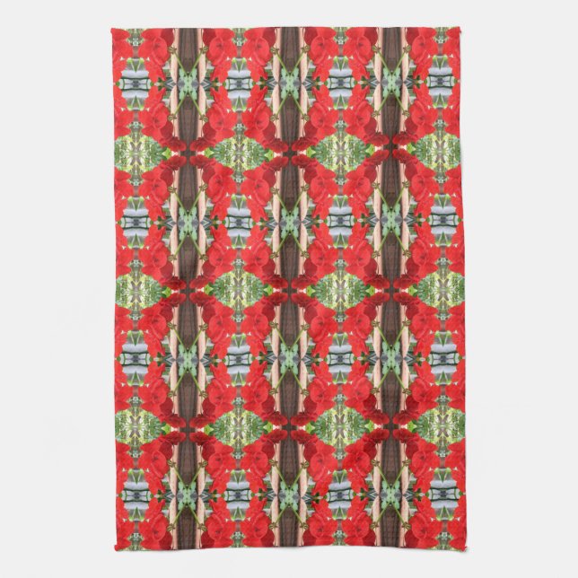 Red Geranium Stripes Kitchen Towel (Vertical)