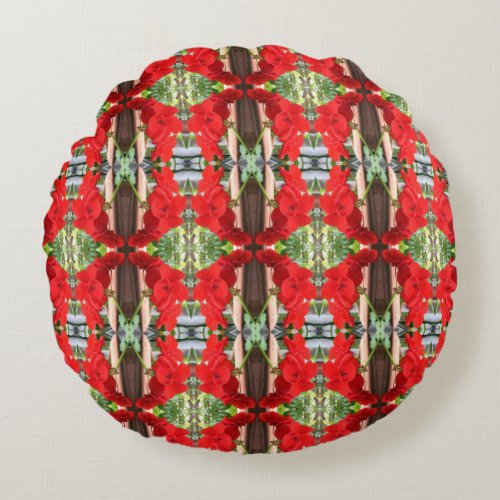 Red Geranium Stripes Round Pillow