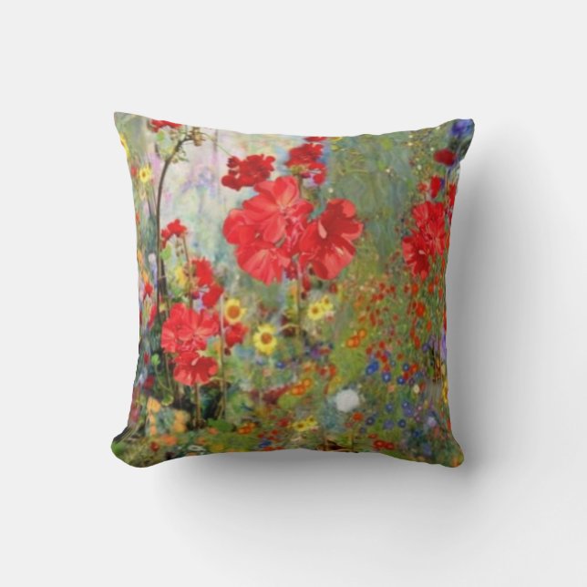 RED GERANIUMS GARDEN PAINTING THROW PILLOW (Front)