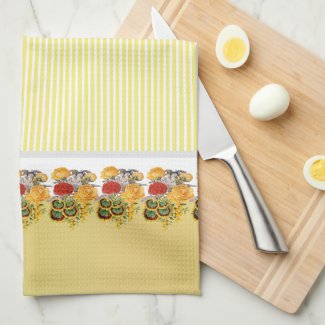 Red Geraniums Gold Roses Pinstripe Kitchen Towel