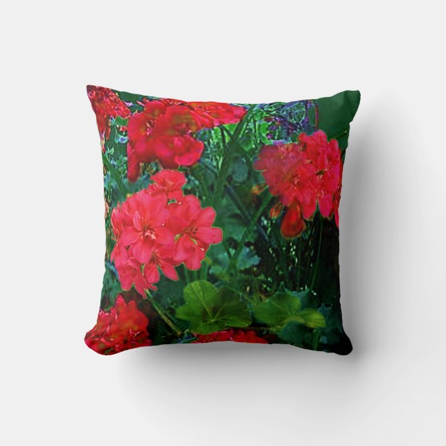 RED GERANIUMS GREEN GARDEN ART THROW PILLOW (Front)