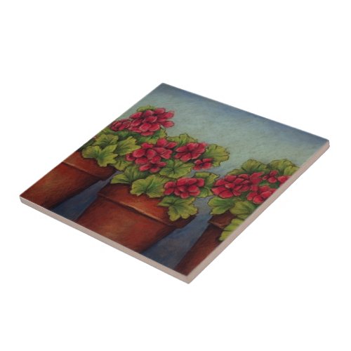 Red Geraniums in clay pots Ceramic Tile