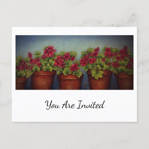 Red Geraniums in clay pots Invitation Postcard