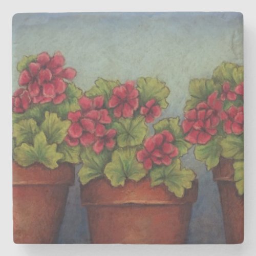 Red Geraniums in clay pots Stone Coaster