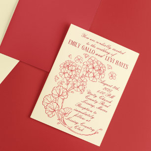 Red Geraniums on Beige Wedding Invitation