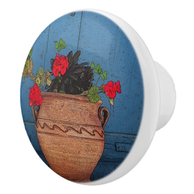 RED GERANIUMS, TERRA COTTA POT, BLUE DOOR CERAMIC KNOB (Right)