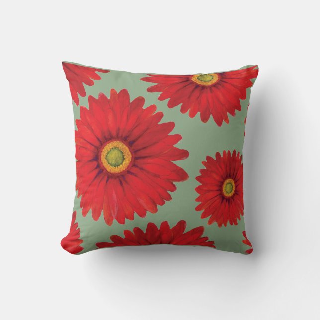 Red Gerba Hand-Painted Teal Throw Pillow (Front)