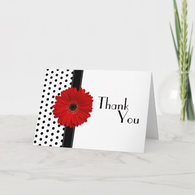 Red Gerber Black White Polka Dot Wedding Thank You (Front)