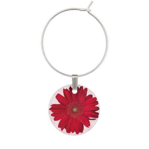 Red Gerber Daisy Close Up Photograph Wine Glass Charm