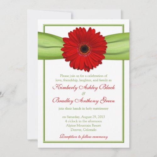 Red Gerber Daisy Green Ribbon Wedding Invitation