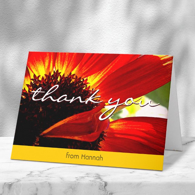 Red gerber daisy photo custom name script modern letterpress thank you card (Creator Uploaded)