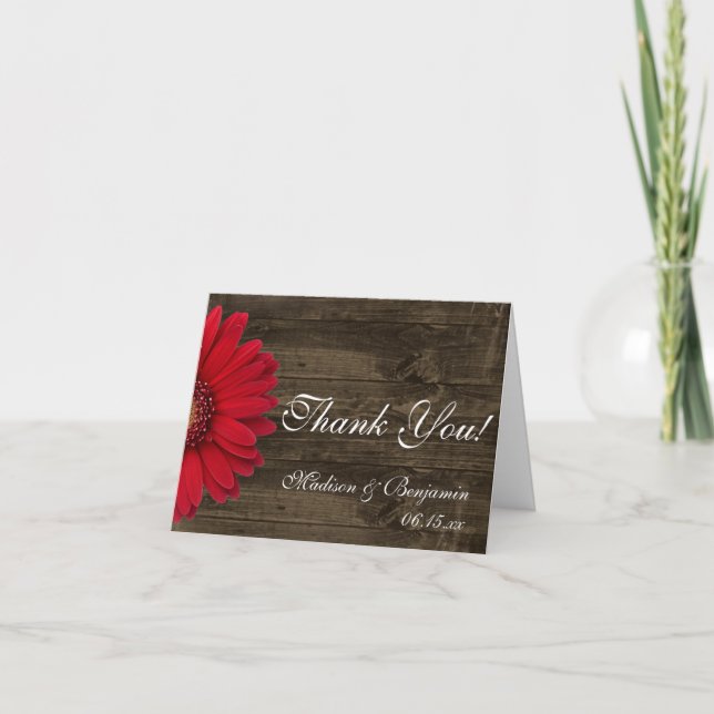 Red Gerber Daisy Rustic Wedding Thank You Cards (Front)