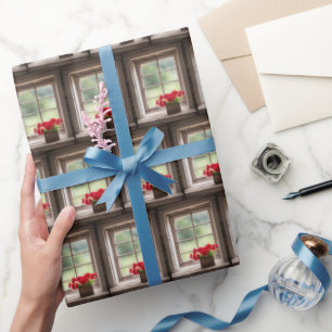 Red Gerbera Daisies In Farmhouse Window Wrapping Paper