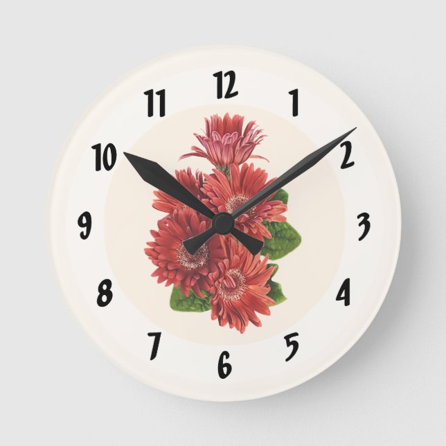 Red Gerbera Daisies Round Clock (Front)
