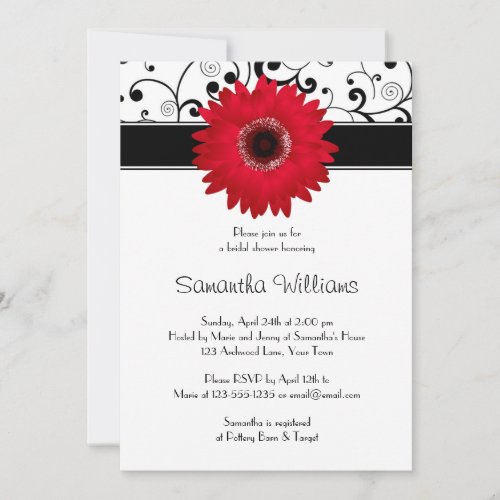 Red Gerbera Daisy Black Scroll Bridal Shower Custom Announcements
