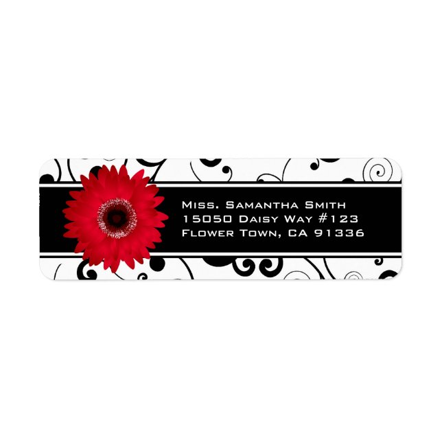 Red Gerbera Daisy Black & White Scroll Label (Front)