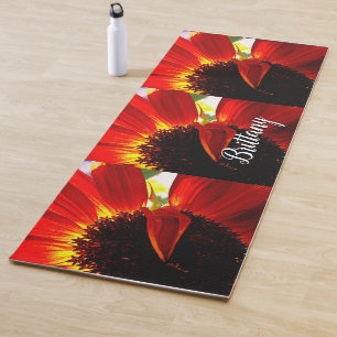 Red gerbera daisy flower add your name script bold yoga mat