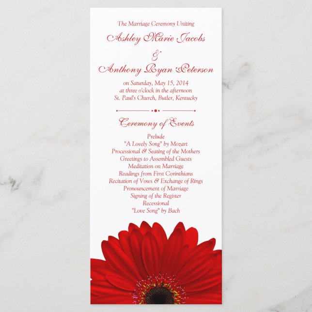 Red Gerbera Daisy Flower White Wedding Program (Front)
