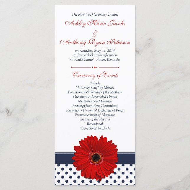 Red Gerbera Daisy Navy Polka Dot Wedding Program (Front)