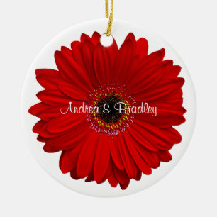 Red Gerbera Daisy Personalized Wedding Anniversary Ceramic Ornament