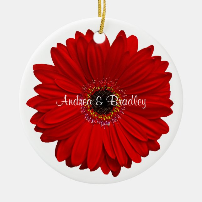 Red Gerbera Daisy Personalized Wedding Anniversary Ceramic Ornament (Front)