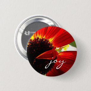 Red Gerbera Daisy Photo Joy Script Bold Modern Button
