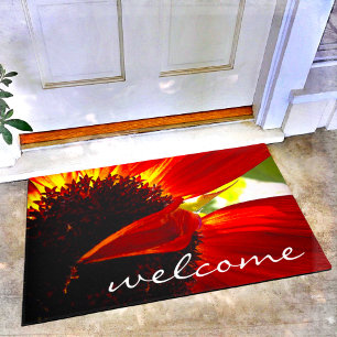 Red Gerbera Daisy Photo Welcome Script Modern Doormat