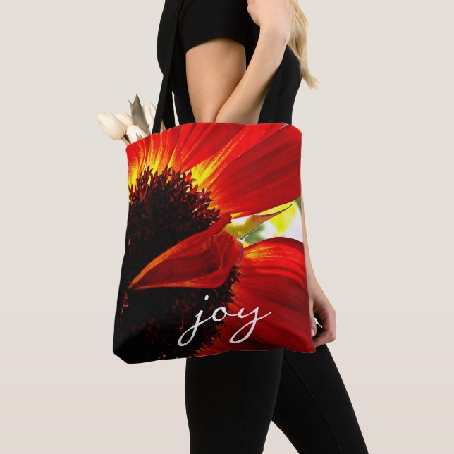 Red Gerbera Daisy Photography Joy Script Modern Tote Bag (Close Up)